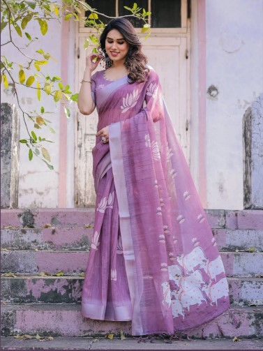 Lavender Linen Cotton Saree with Lotus and Cow Print